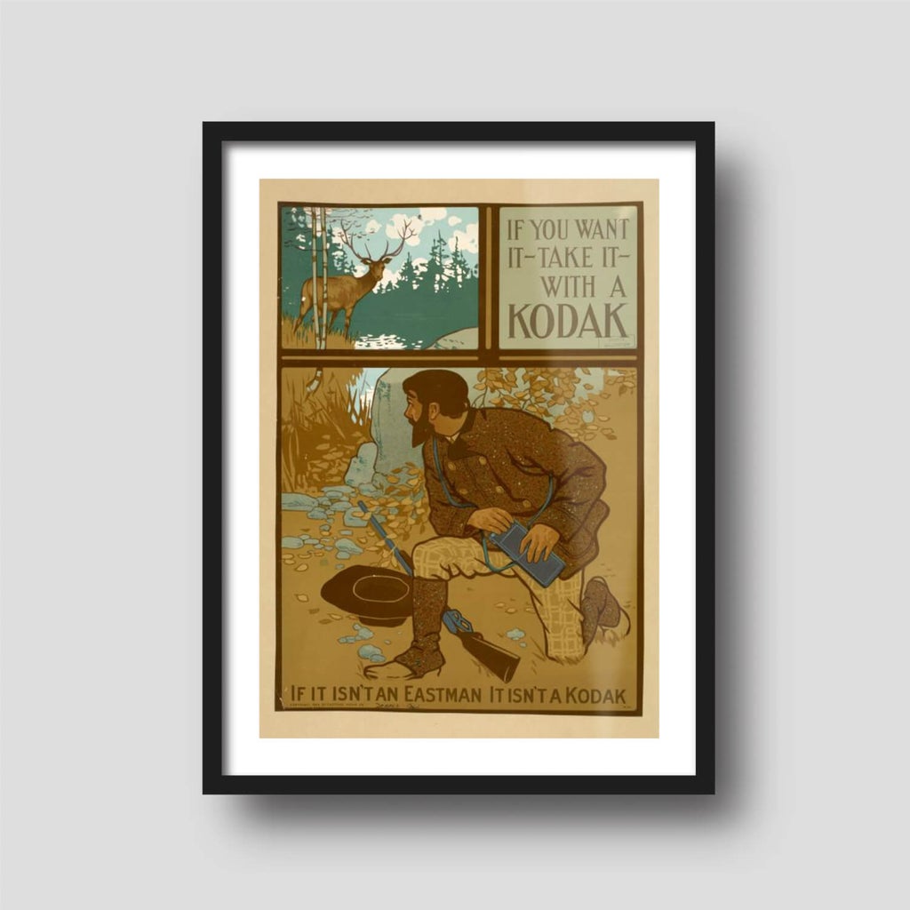 Free printable art of a vintage Kodak advertisement, displayed on a framed print.